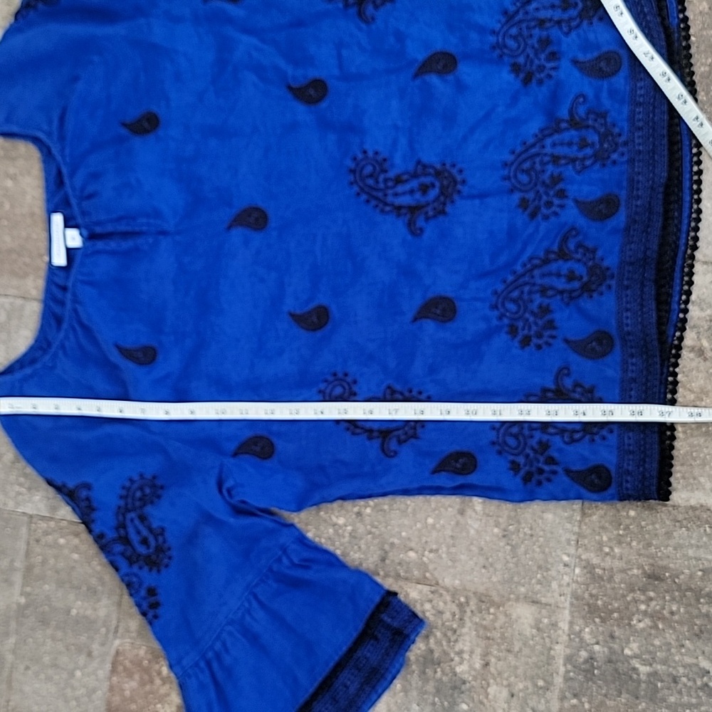 Charter Club Cobalt Blue & Black Embroidery Flutter Sleeve Linen Shirt Sz XL - Picture 10 of 12